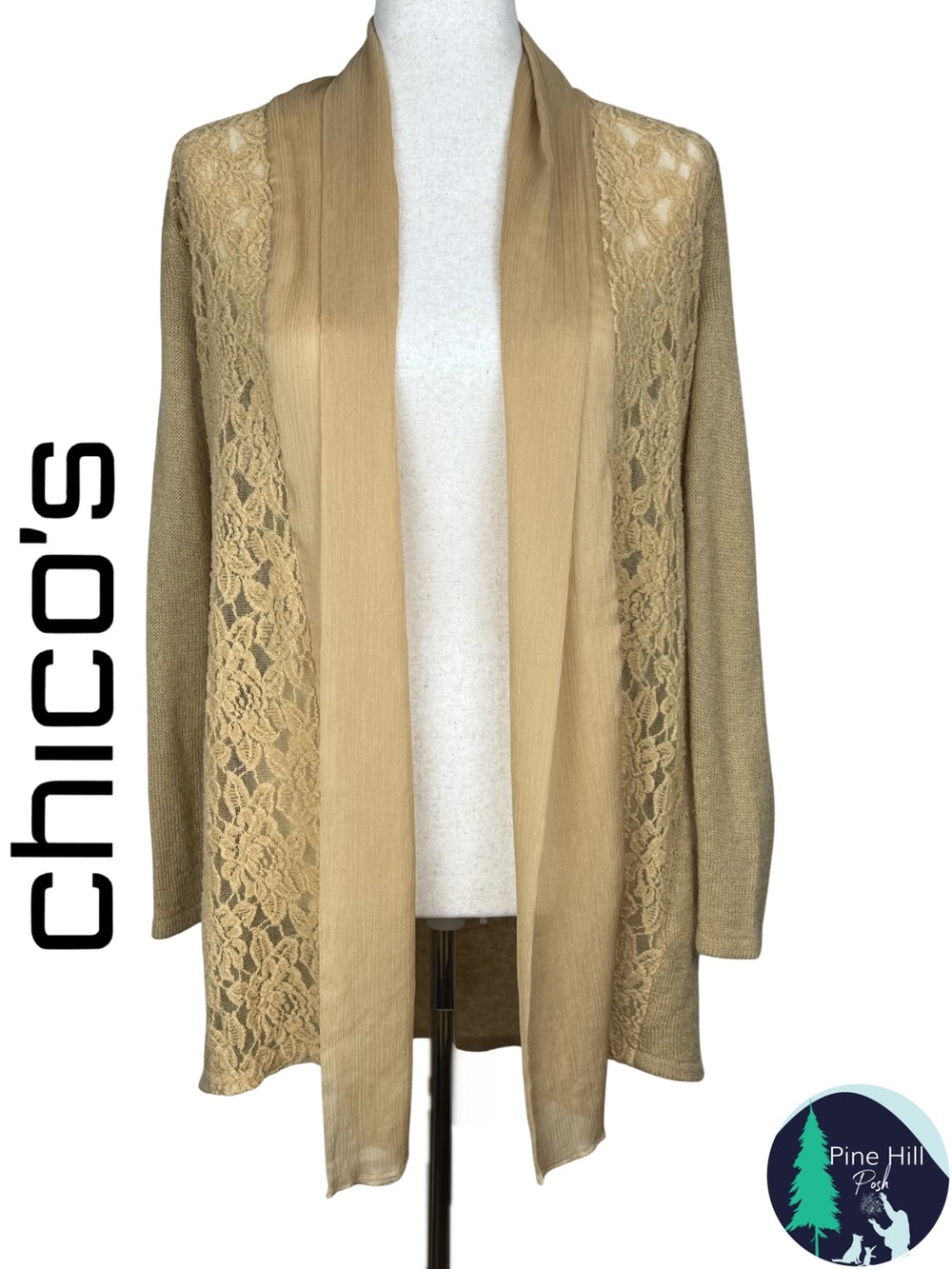 Chico’s Open Front Cardigan Size 0 Small Beige Mohair Wool Lace Chiffon Drape